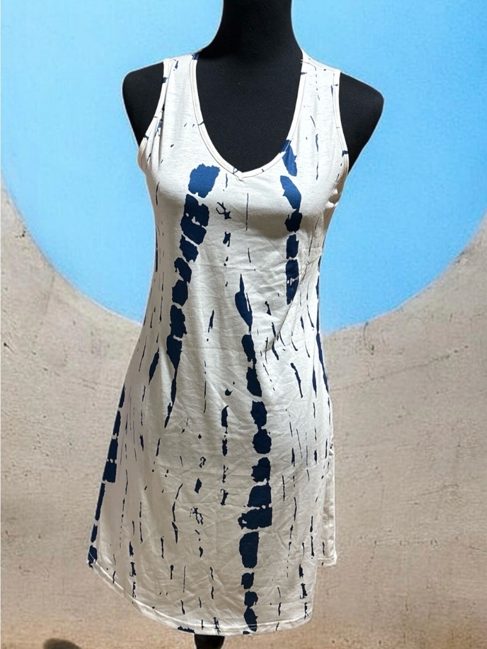 White & Navy Tie-Dye Midi Dress - Sleeveless V-Neck